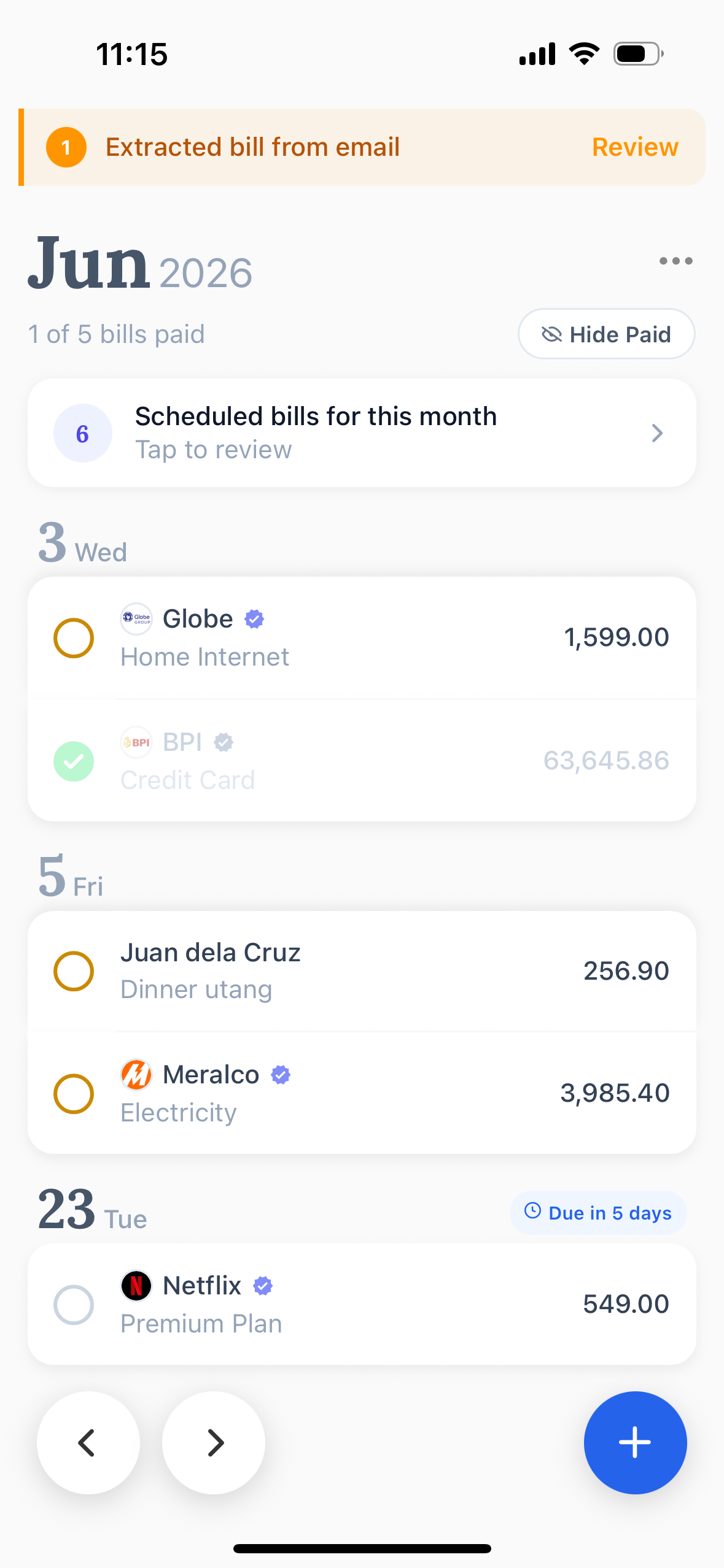 The Billmux app showing June 2026 bills grouped by day, each with a payable circle and amount.